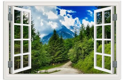 MOBYAT Autocollants muraux 3D forêt arbres forestiers ciel bleu fenêtre vue art mural fausses fenêtres photo pour chambre salon bureau 105x70cm(41x28in) sans cadre