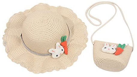 Kinder Schal Mütze Set Mädchen Kaninchen Kinder Hut Strohhut Comics Sonnenhut Sonnenschirm + Stroh Beach Girls Kinder Hut für Kinder Matschhose 116/122 (Beige, One Size)