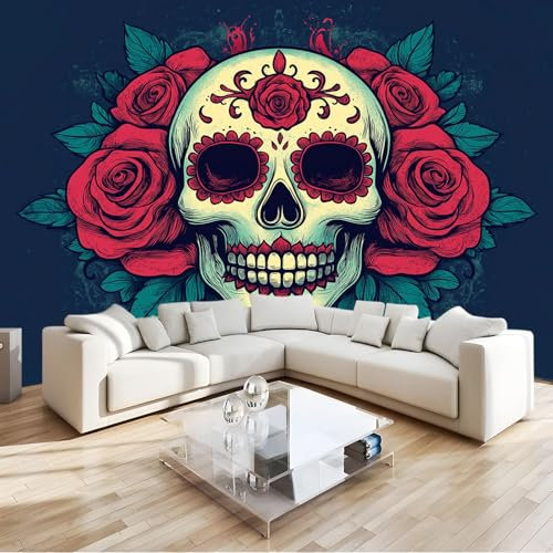 Papier Peint 3D Fleur Rose Bleu Foncé Crâne Panoramique Peinture Murale Interieur 350x256 cm pour Salon Chambre à Coucher D'Enfant Maison Décoration Murale