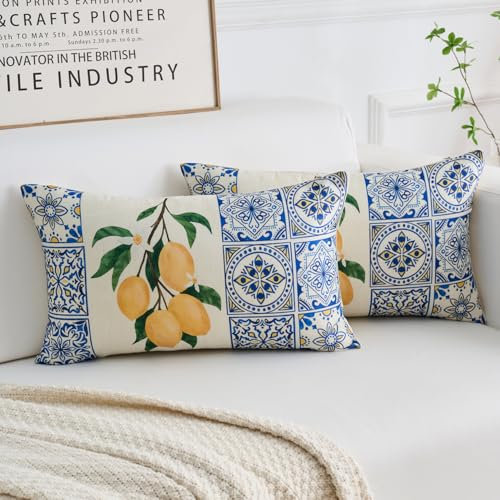 Kissenbezug 30x50cm Boho Blau Kissenbezüge Gelb Zitrone Obst mit Grüne Blätter Polyester Kissenhülle Dekokissen für Wohnzimmer Sofa Garten Terrasse Patio 2er Set