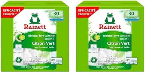RAINETT - Tablettes Lave-Vaisselle Tout-en-Un au Citron Vert - Dégraisse & Fait Briller Sans Traces - Etui Carton Recyclé & Recyclable - Ecolabel - 30 Tablettes (Lot de 2)