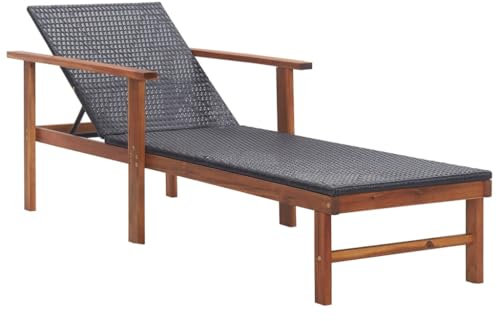 Yunir Chaises Longues D'extérieur, Chaise Longue en Rotin PE et Bois avec Dossier et Accoudoirs, Chaise Longue de Patio Noire, pour Terrasse Extérieure, Piscine de Plage