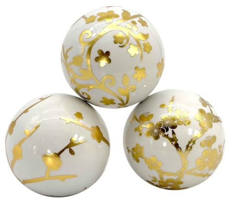 Galt International 4 Diameter Gold & White Floral Chinoiserie Ceramic Ball (Set of 3) | Decorative Ball Vase Bowl Filler