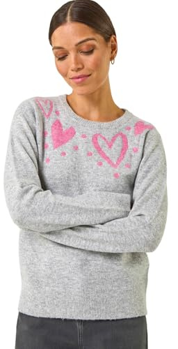 Roman Originals Thick Jumper for Women UK - Ladies Winter Autumn Smart Casual Knit Knitted Knitwear Pull-On Round Crew Neck Long Sleeve Work Office Dinner Party - Grey Rose - Size 12