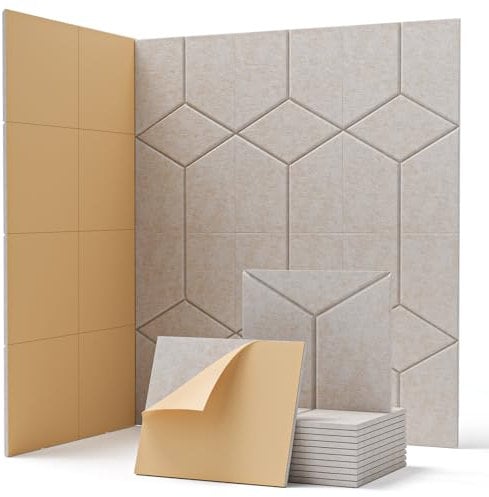 Soundsbay Lot de 12 panneaux acoustiques autocollants - Absorbeur de bruit - Isolation acoustique - Pour mur, porte, plafond, traitement acoustique et décoration murale - 30 x 26 x 0,9 cm - Beige