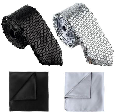 TUONYIS 4 Stück Glitzer Krawatten und Einstecktuch Set Pailletten Spangles Krawatte, Glitzer Outfit Hemd Sakko Accessoires, Unisex, Hochzeit Festival Disco Party Fasching,Halloween (Schwarz, Silber)