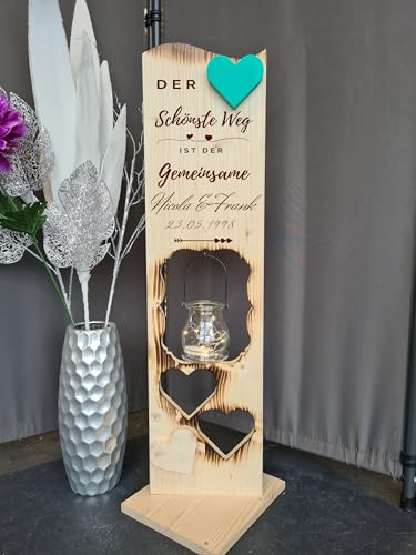 Personalisierter Holzaufsteller zur Hochzeit 2 Herzen geflammt, Holz Deko Schild Holzschild Eingangsschild mit Leuchtglas oder Solarlampe, Der schönste Weg ist der Gemeinsame