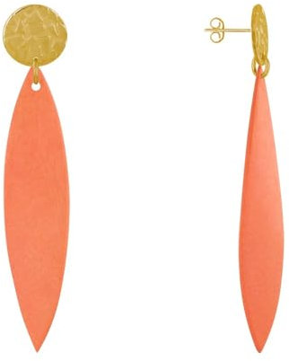LES POULETTES BIJOUX - Pendientes Clavos de Metal Dorado y Pétalo Largo de Madera - Naranja