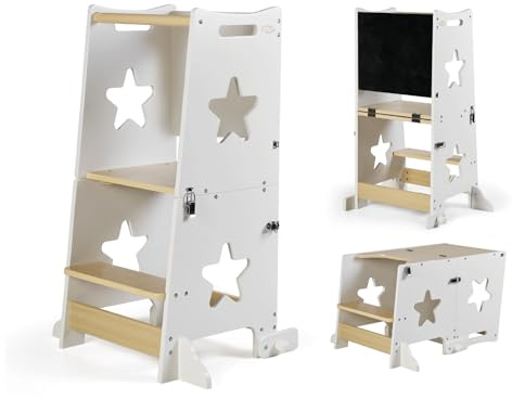 MS BabyWorld – Learn Up – Torre de Aprendizaje Montessori | Convertible en Escritorio con Pizarra y Taburete | Madera Maciza | Barra de Seguridad | Plegable