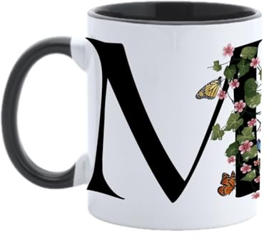 Paolo Chiari Tazza in Ceramica Personalizzata con Lettera, Motivo Floreale con Farfalle e Manico Nero, Made in Italy, 300 ml (M)