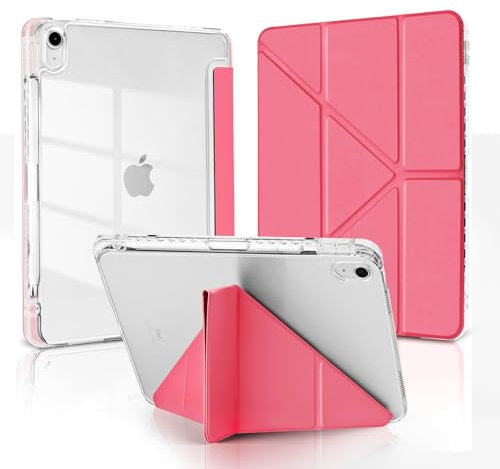MuyDoux Custodia Origami per iPad 10a generazione 11 2022/iPad 11 A16 2025 11 pollici con portamatite, 5 angoli di visione regolabili, cover posteriore trasparente trasparente antiurto, rosso