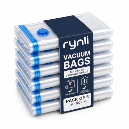Rynli Vacuum Storage Bags for Clothes 80x100 cm | Space Saver Compression Vacuum Bag | Suction Storage Container for Clothes | Vacummattress Storage for Duvet, Comforters, Bedding, Pillows Pack of 5