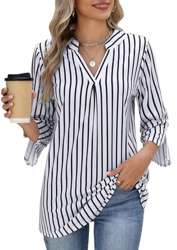 PASUDA Womens Blouses 3/4 Length Sleeve Tops V Neck Elegant Striped Shirts Ladies Casual Loose Tunic T Shirts Fashion Dressy Baggy Business Polo Top(Black White Stripes,L)