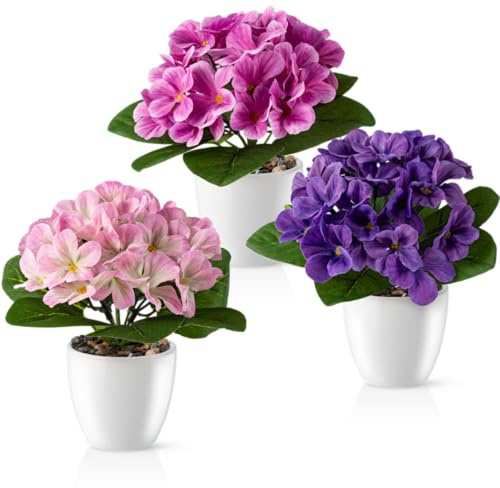 PASCH® Veilchen im Hochglanz-Keramiktopf | Kunstblumen im Topf | Künstliche Blumen wie echt | Fake Blumen | Kunstblumen wie echt (Usambaraveilchen, 3 Stück, 16cm)