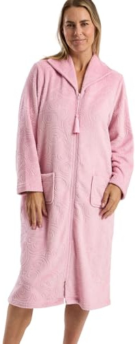 Marlon Marlon Womens Serena Zip Front Printed Fleece Housecoat Zip Up Bath Robe Peignoir Femme
