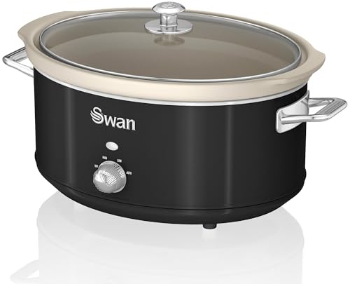 Swan Retro SF17031BNEU - Pentola per cottura lenta, 6,5 l, rimovibile, antiaderente in ceramica libera PFOA e PTFE, 3 livelli di temperatura, coperchio in vetro, Slow Cooker, design vintage, nero, 320