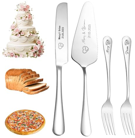 FKF Juego de Cuchillo, Servidor y Tenedor para Tarta de Boda Personalizable - Servidor de Pastel Dentado de Acero Inoxidable Personalizado - Regalos de Cumpleaños, Navidad y Boda (Plata)