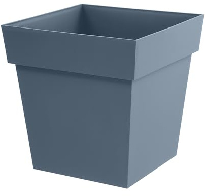 EDA - Pot de Fleur Carré Toscane 50 cm - 87 L - Intérieur & Extérieur - Zone de rétention d'eau pour Limiter l'Arrosage - Plastique Recyclé - 49,5 x 49,5 x H. 52,5 cm - Bleu Jean