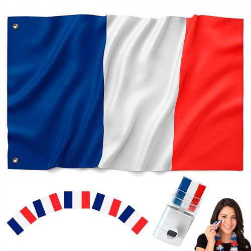 BIORYC® Bandera Exterior 150x90 cm. Bandera Poliéster Reforzado 110g/m² y 2 Ojales de Metal. Para Balcón, Jardín, Eventos Deportivos. Incluye: Pintacaras y Pegatinas. Mundial 2026 (FR_P)