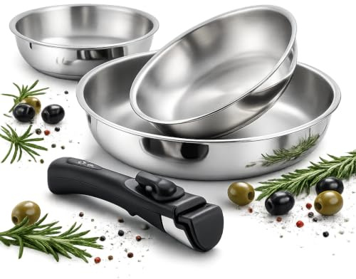 Cflagrant Set 3 sartenes de acero inoxidable 18/10 con mango extraíble – Sin PFAS, sin PTFE, sin PFOA – Compatible con inducción, horno y lavavajillas – Estufas apilables 20/24/28 cm – Cocina