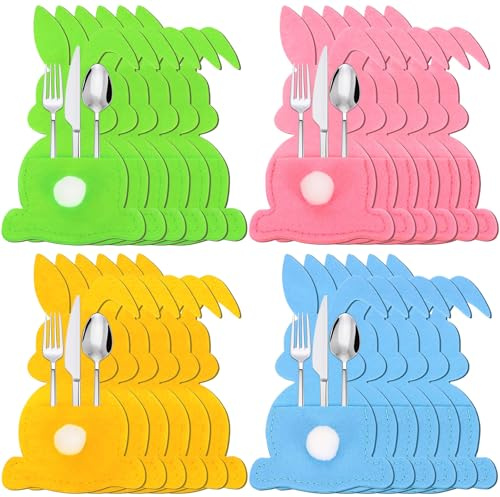 CHONGQILAO Sac à Couverts Lapin de Pâques, 24 Pièces Porte-Couverts de Pâques en Feutre, Porte Couverts en Feutre de Pâques pour Couteaux, Fourchettes et Cuillères, Décoration de Table de Pâques