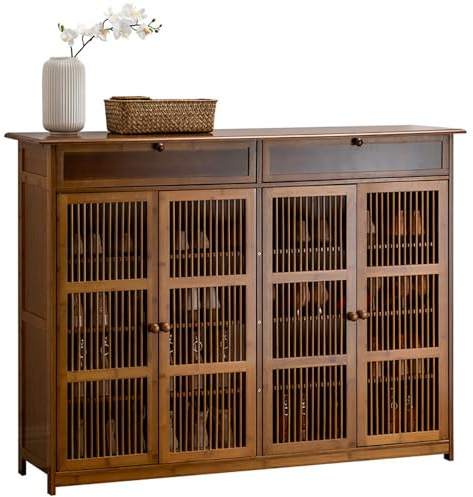 angelfanmily Bambus-Schuhschrank mit 4 Etagen, Klappfach und 4 Lüftungsgittertüren + 2 Schubladen | Kompakter Flurschrank für Eingangsbereich und Wohnung (Braun, 130x35x100cm)