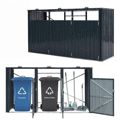 COSTWAY Cache Poubelles Exterieur en Métal, Abri Poubelle Triple 3 Bacs | 3 Portes Verrouillables, Couvercles, Poignées, Rangement pour Jardin Patio Outils Équipements, 238 x 79,5 x 122 cm