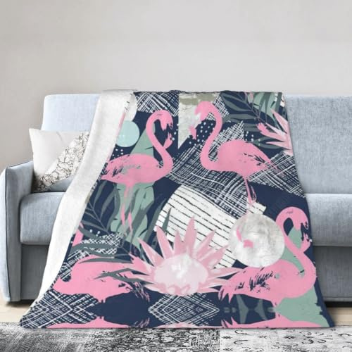 Uusnwaa Kuschelige Fleece-Decke, warm, Flamingo- und Blättermuster, Rosa