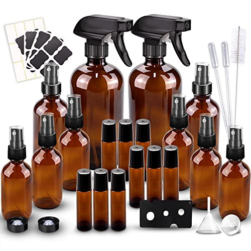 Glass Spray Bottles Kits, BonyTek Empty 12 10 ml Roller Bottles, 12 Amber Essential Oil Bottle(216oz,24oz,82oz) with Labels for Aromatherapy Cleaning Products