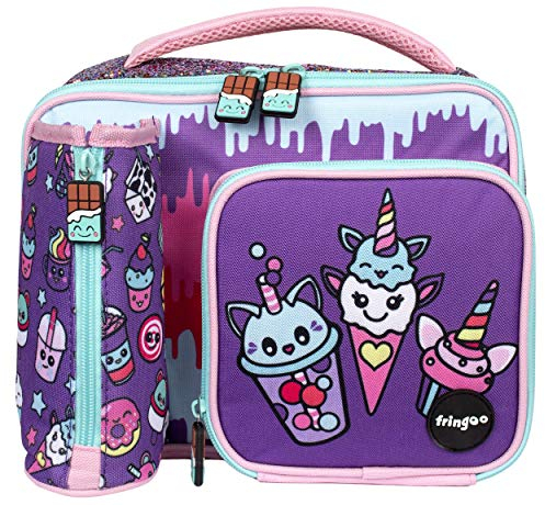 Fringoo - Grosser quadratischer Kinder-Lunchsack mit grossem Fassungsvermögen | Kleine Kühltasche Kinder-Lunchbox - süsses Essen