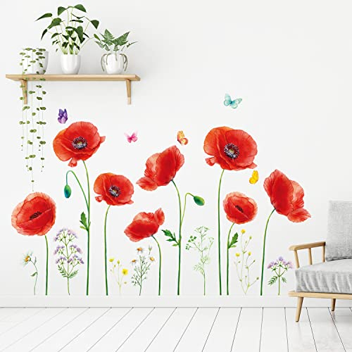 DECOWALL SG-2104 Mohn-Wandaufkleber rote Blume Wandtattoo Schmetterling Abziehbilder abnehmbar Kinderzimmer Schlafzimmer Wohnzimmer Heimdekoration Wandbilder