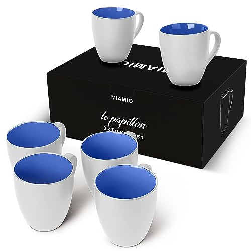 MIAMIO - 6 x 350 ml Juego de Taza de Café/Copa de desayuno - Le Papillon Colección (Blanco-Azúl)