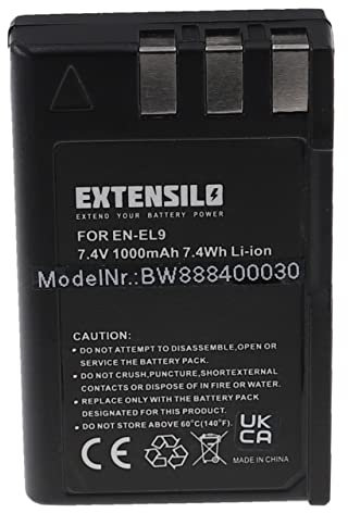 EXTENSILO Akku Ersatz für Nikon EN-EL9E, EN-EL9 für Kamera (1000 mAh, 7,4 V, Li-Ion)