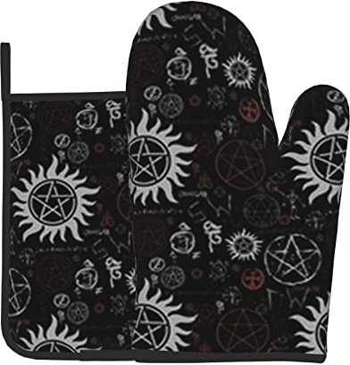 Supernatural Symbols Ensemble de gants de cuisine et maniques noirs = >