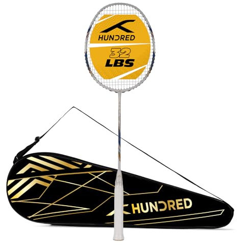 Hundred Rock 88 Carbon Fibre Strung Badminton Racket with Full Racket Cover (Pearl White/Gold) | for Intermediate Players | 78 Grams | Maximum String Tension - 32lbs