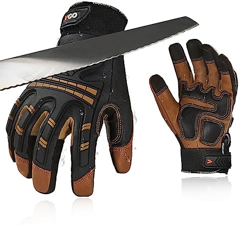 Vgo... Gants hydrofuges anti-vibrations,cuir de chevreau mécanicien lourd haute dextérité,anti-abrasion,écran tactile (GA8954IPA5,8/M,Marron,1Paire)