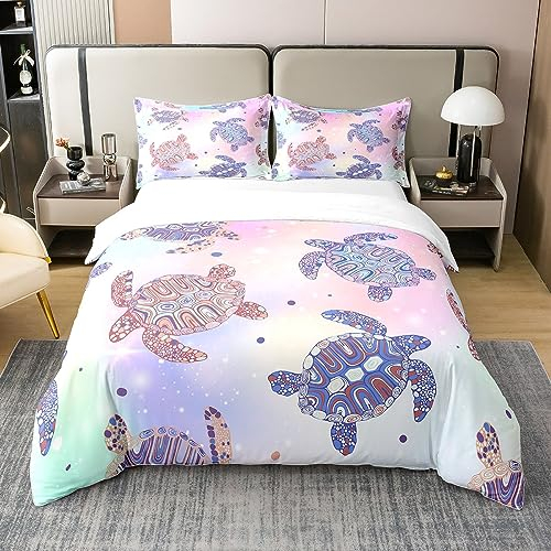 Cartoon Schildkröte 100% Natürliche Baumwolle Bettbezug,Meeresschildkröte Bettwäsche Set 155x220,Ozean Kreatur Tröster Bezug,Aquarell Bohemia Krawatte Dye Pastell Bett mit 1 Kissenbezug Zimmer Dekor