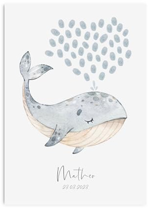 Nastami Gästeposter TAUFE personalisiert mit Namen als Geschenk zur Taufe FINGERABDRUCK (DIN A3, Wal)