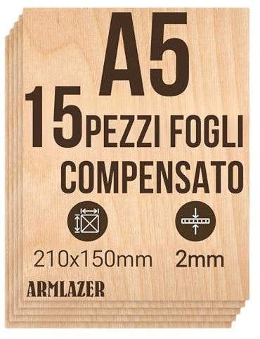 ARMLAZER Madera contrachapada A5 210 x 150 х 2 mm, 15 unidades, paneles de madera, pirografía, tabla modelo casa, bricolaje hecho a mano, hojas de madera para corte