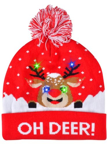 Forhome LED Weihnachtsmütze Erwachsene,Weihnachtsmütze mit LED-lichtern,Erwachsene Weihnachtsmütze,Dehnbare Strickmütze,Leuchtende Weihnachtsmütze Kinder für Weihnachten (Rot)