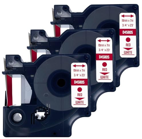 DULA Etikettenband - Kompatibel mit Dymo D1 45805 - 3 Stück - Rot auf weiß - 19mm x 7m