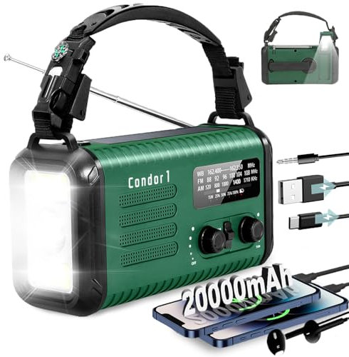 Radio di emergenza a manovella da 20000 mAh/74000 mWh, radio meteorologica AM/FM/NOAA, radio solare alimentata a batteria con caricabatterie per telefono USB, lampada da lettura torcia e SOS per