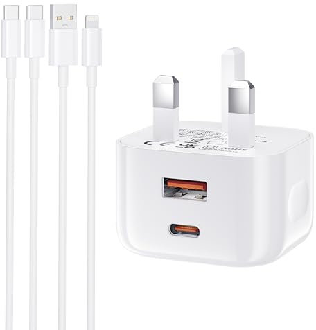 20W iPhone Charger Fast Charge, USB C Charger Plug with Lightning Cable and USB C Cable for iPhone 16/15/14/13/12/11/XS/XR/SE/8/iPad, Dual USB Type C Charging Plug UK Type C Wall Charger Power Adapter