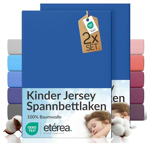 etérea Jersey 2er Set Spannbettlaken 60x120cm - 70x140cm Blau bis 15 cm Höhe - 100% Baumwolle Spannbetttuch Oekotex - Doppelpack Bettlaken 60x120 cm - 70x140 cm - Blue