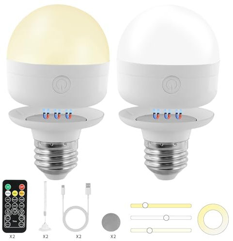 Gecool Rechargeable Light Bulb with Magnetic Base – 3 Colour Modes,Dimmable 10%-100%,Includes Lanyard – for Camping, Emergency & Home Use(E27-2PCS)