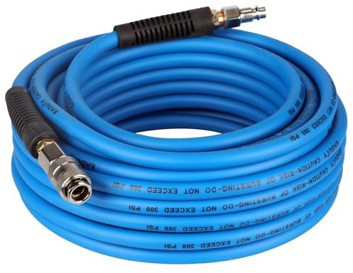 EADUTY Air Compressor Hose, Heavy Duty Hybrid Air Hose 1/4 I.D by 15 M Length, 300 PSI Air Compressor Accessories with Bend Restrictors and 1/4 Euro Quick Connect Fittings. Blue