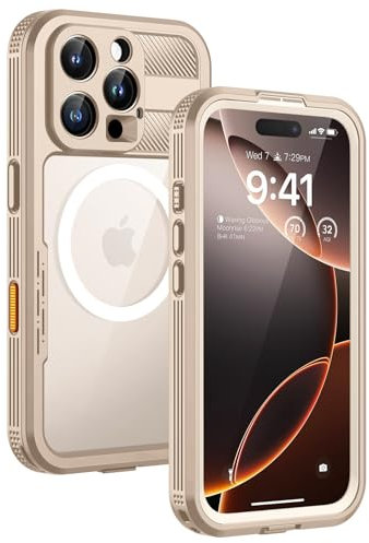 Lanhiem for iPhone 16 Pro Max Waterproof Case, [Compatible with MagSafe] Heavy Duty Shockproof Cover with Built in Screen Protector, Protective Magnetic Phone Case for iPhone 16 Pro Max (Desert Gold)