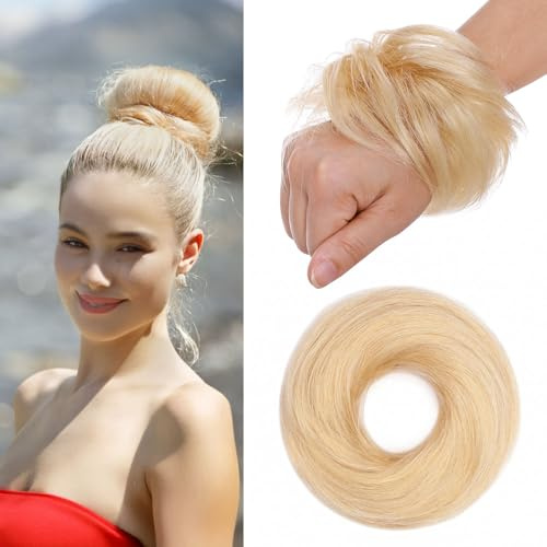MY-LADY Haarteil Mit Gummiband Dutt Haarteil Haargummi Mit Haaren Glatt 100% Echthaar, Hochsteckfrisuren Haarverlängerung für Damen Mädchen (#60 Platinblond,17g)