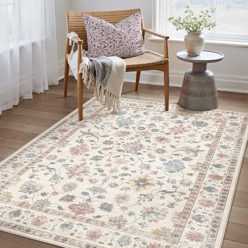PureCozy Teppich Wohnzimmer 80x150cm Waschbarer Teppiche,Multicolore | Blumenmuster,Waschbar, Rutschfest, Kurzflor, Weich, Schlafzimmer, Esszimmer, Büro, Flur, Kinderzimmer