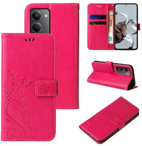 LBH Handy Hülle für Xiaomi Redmi 15/15 5G Case Handytasche Schmetterling Blumen Flower Standfunktion Schutzhülle Magnet Rundum Schutz 360 Grad Flipcase Cover Pink